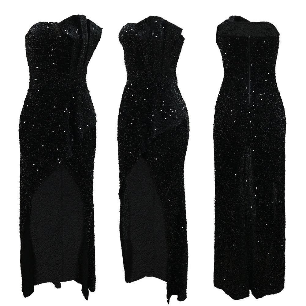 Women's Sequined Evening Dress Sexy Strapless Irregular Dress
