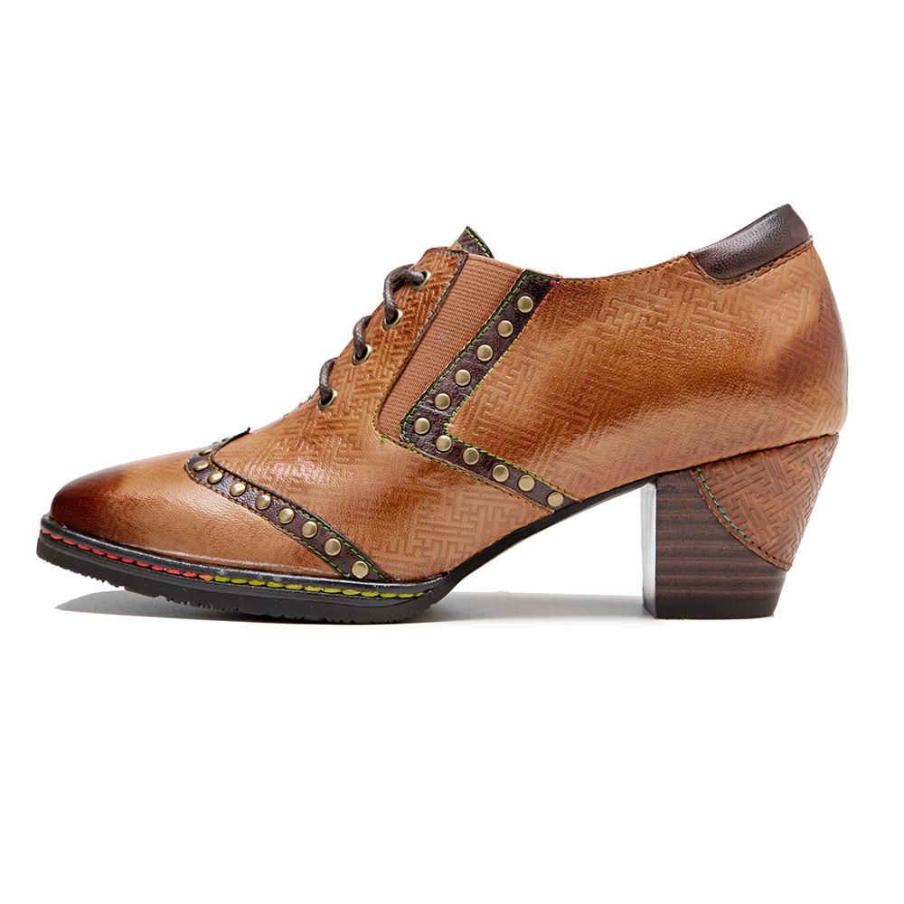 Johnature Echtes Leder Damen Pumps Handbemalt Vintage Karree Niete Schnürung Dicker Absatz High Heels Schuhe