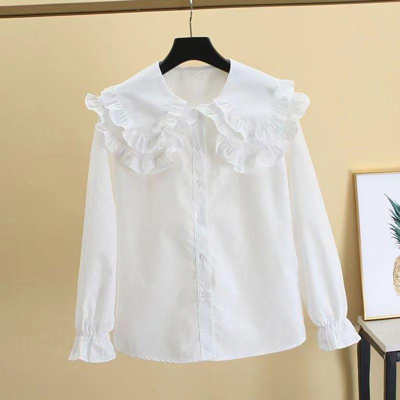 Autumn White Girls' Peter Pan Collar Long Sleeve Shirt - Fashionable Top for Big Kids and Students