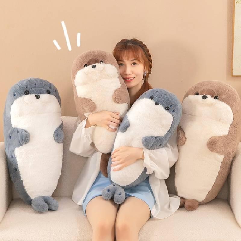 Soft And Cuddly Grey And Khaki Seal Plush Toy For Cozy Sleep And Comforting Pillows