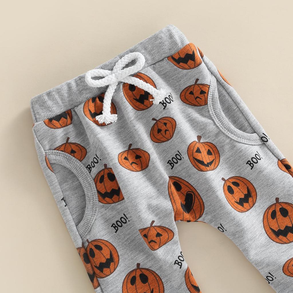 Baby Boys Girls Halloween Outfits Long Sleeve O Neck Pumpkin Print Tops + Gray Drawstring Pants