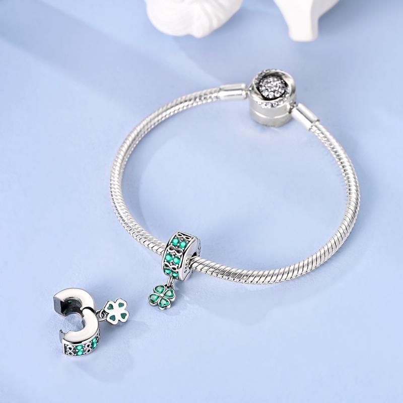 Original 925 Sterling Silver Charms Bead Green Four-Leaf Clover Infinite Clip Fit Original Bracelet For Women DIY Jewelry