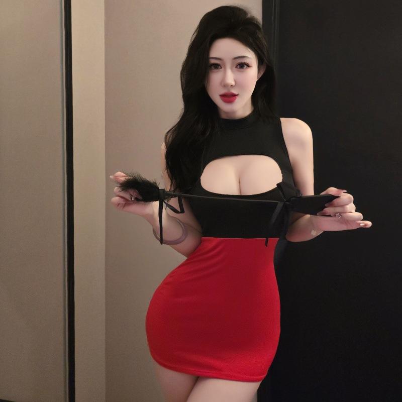 Summer Sex Dress Sexy OL Secretary Uniform with Breast Peel Free and Hip Perspective Temptation Clothing Hollow Dress Clothes