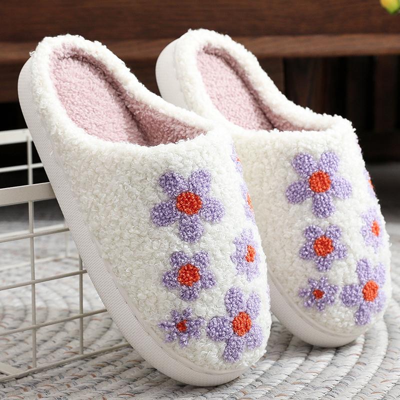 Fashion Winter Flower Cotton Slippers Women Soft Faux Fur Warm House Shoes Slipper Woman Non Slip Wear Resistant Plush Slides Lady