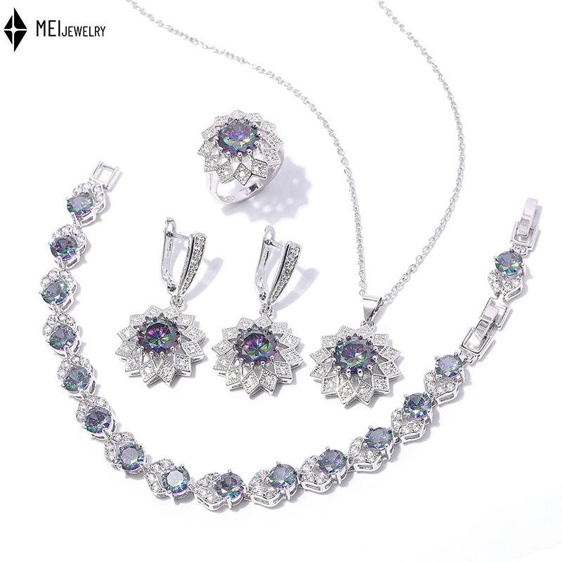 Culori Multiple Rotund Cupru Incrustat Zirconiu Cubic Placat Platină Colier Cercei Inele Brățări Set Bijuterii