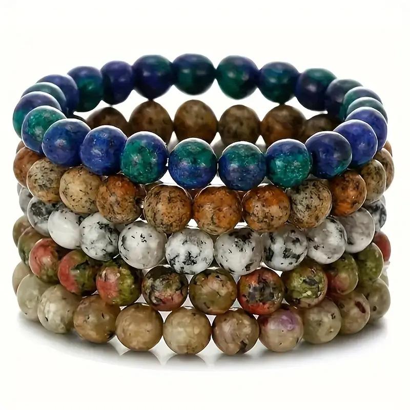 1 Set Vintage Men's Multi Bracelet Set Round Natural Stone  Colorful  Agate Crystal  Women Perfect for Boho Party
