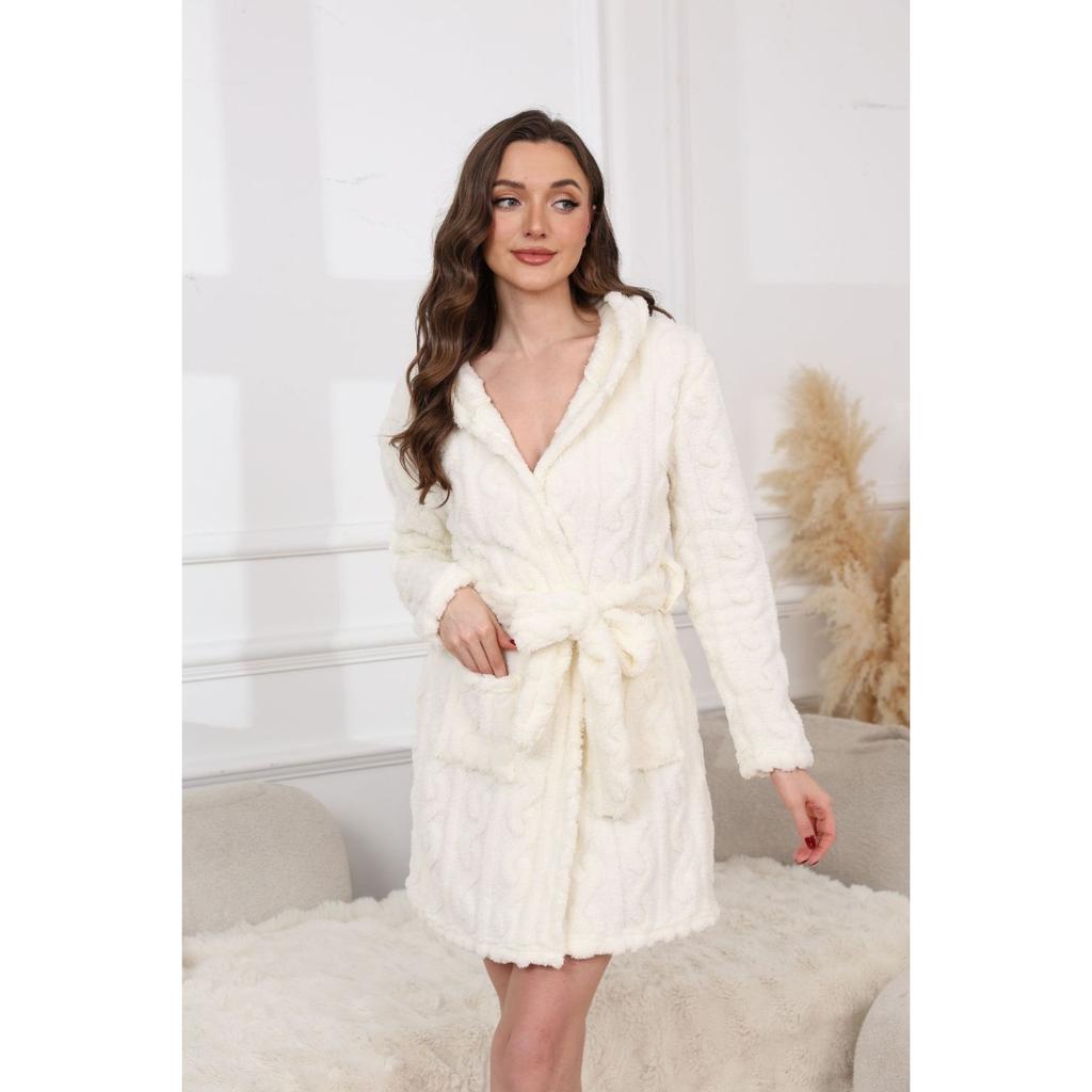 Autumn and Winter Hooded Home Plush Pajamas Short Sleeved Solid Color Warm, Nightgown
