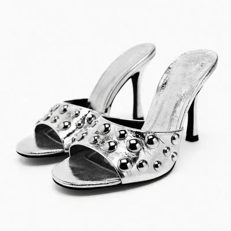 Fashion New Designer Large-sized Rivet Slippers for Export, Women's Outerwear Round Toe Exposed One-shoulder High Heels