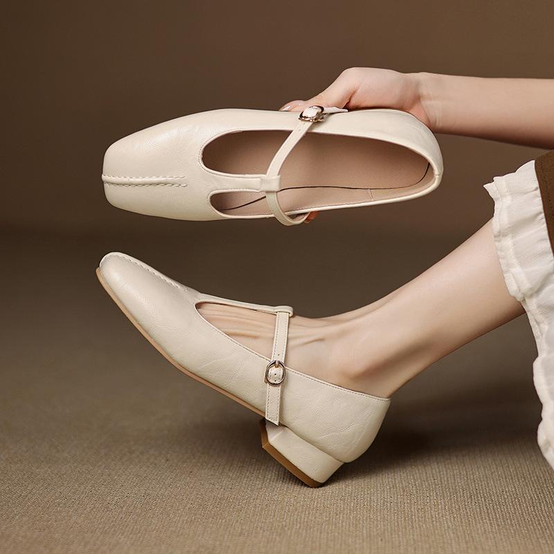 Fashion Casual Woman Shoe Low Heels Square Toe Female Footwear Summer New Dress On Heels Mary Janes PU Leisure Solid TPR Buckle Strap