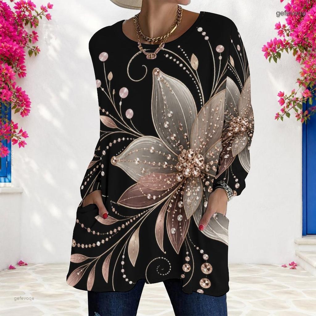 Women Plus Size Round Neck Long Sleeve Black Printed Loose Longline T Shirt With Pockets