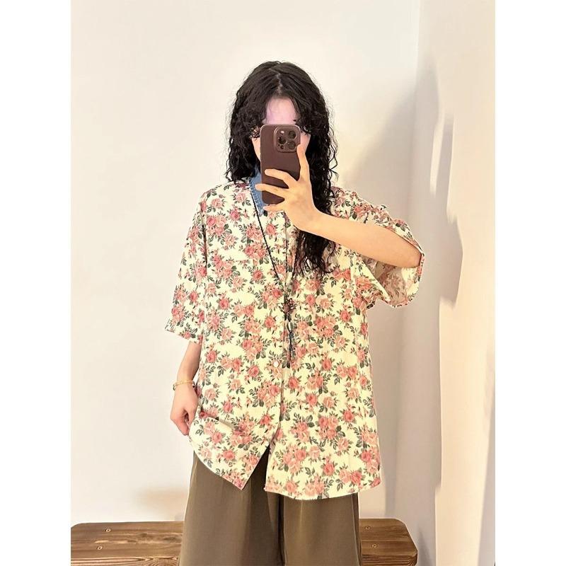 

Женские рубашки с цветочным джинсовым лацканом, контрастного цвета, с коротким рукавом, свободные, в стиле ретро, летний шик, женский топ на пуговицах M