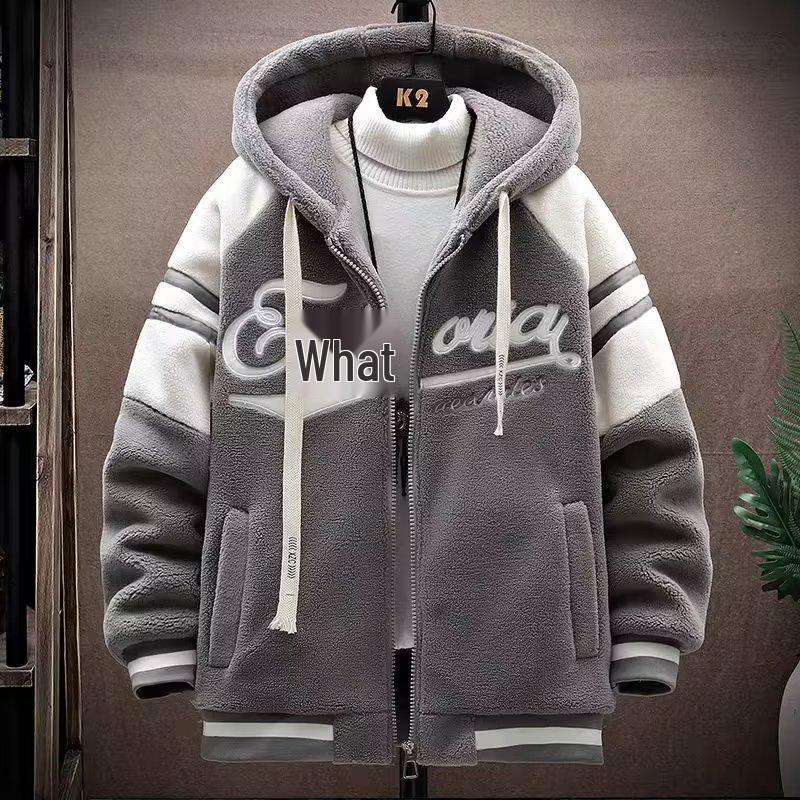 StrideBox Heren Plus Size Lamsvacht Katoen Jas met Capuchon - Losse Pasvorm, Dik Vest met Rits voor Tieners L