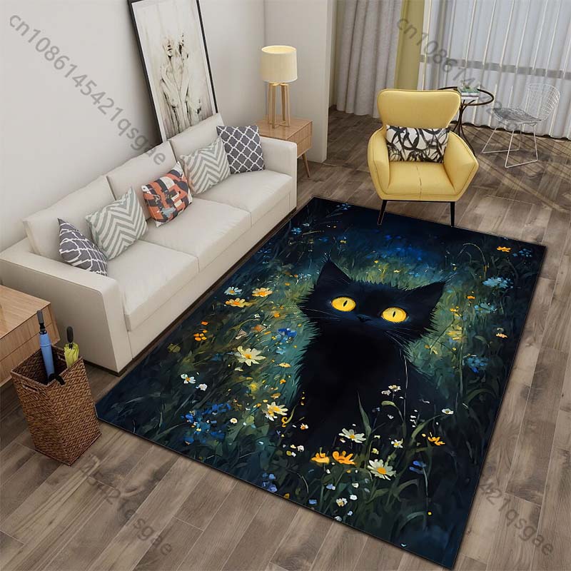 

Black cat night meadow wildflowers golden eyes Print Carpet for Living Room Bedroom Sofa Home Decor Non-slip Mat Luxury Gift 40x60cm