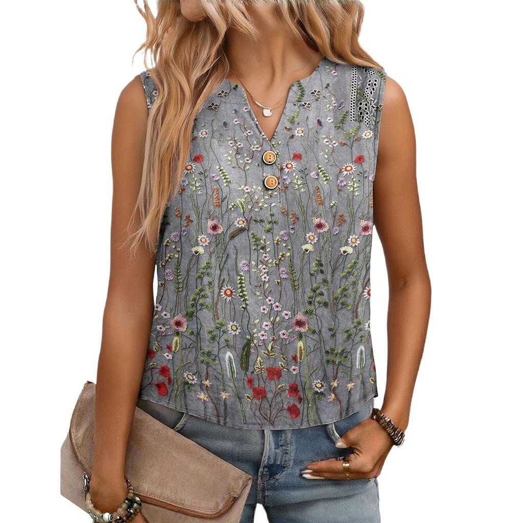 Women's Casual, Loose-Fitting, Printed, Sleeveless Linen Blouse
