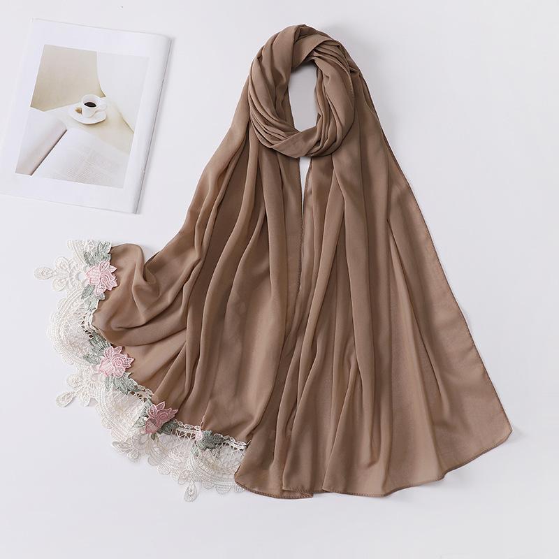New Premium Pearl Chiffon Hijab Long Shawl Embroidered Lace Floral Muslim Women Wrap Headscarf 70X175Cm Abaya Islam Turban Femme