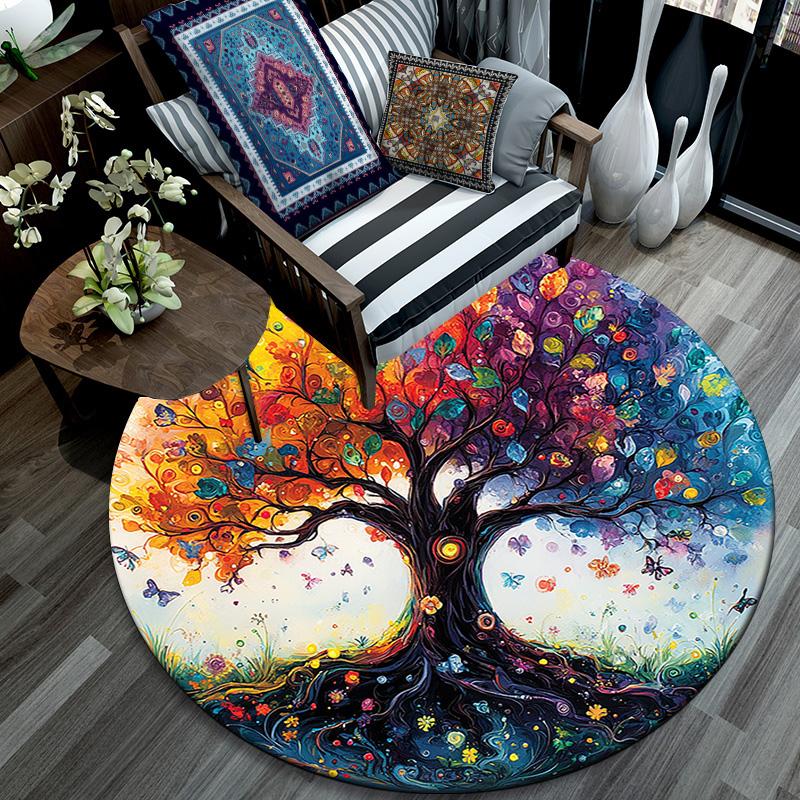 Colorful Tree Round Area Rug,Carpet Rug for Living Room Bedroom Sofa Playroom Decor,Non-slip Floor Mat
