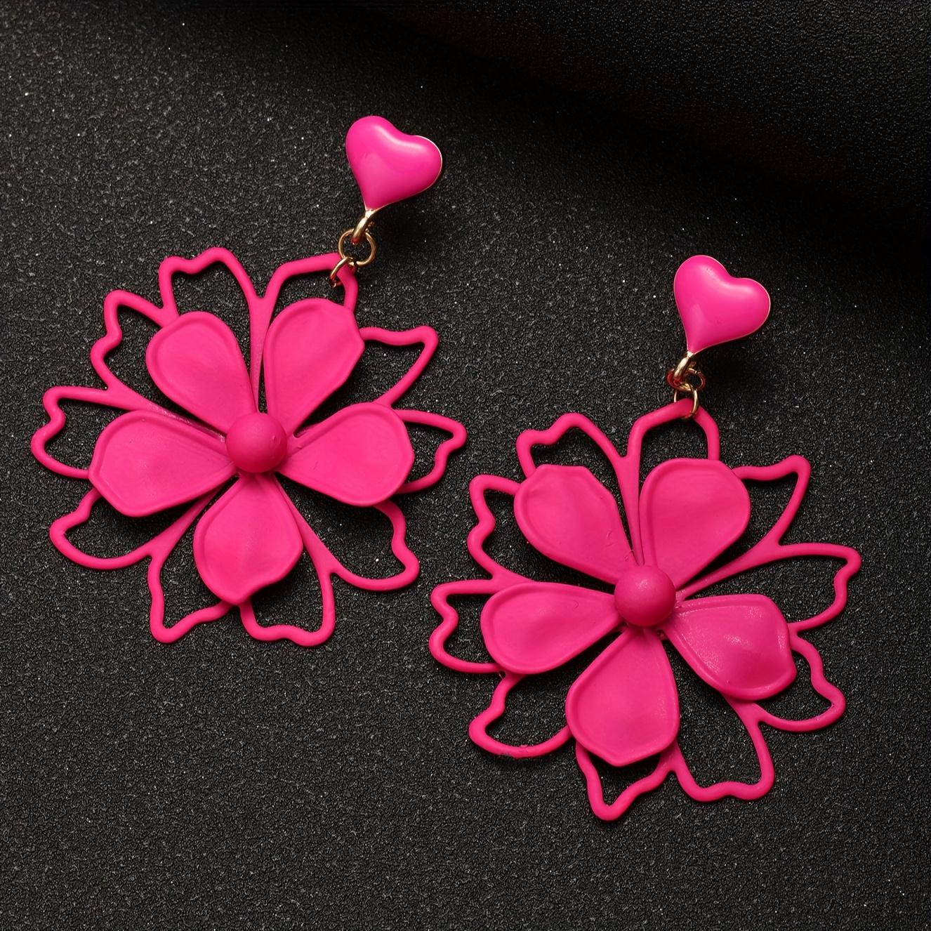 1Pair of Fashionable and Generous Oil Dripping Peach Heart Big Flower Earrings