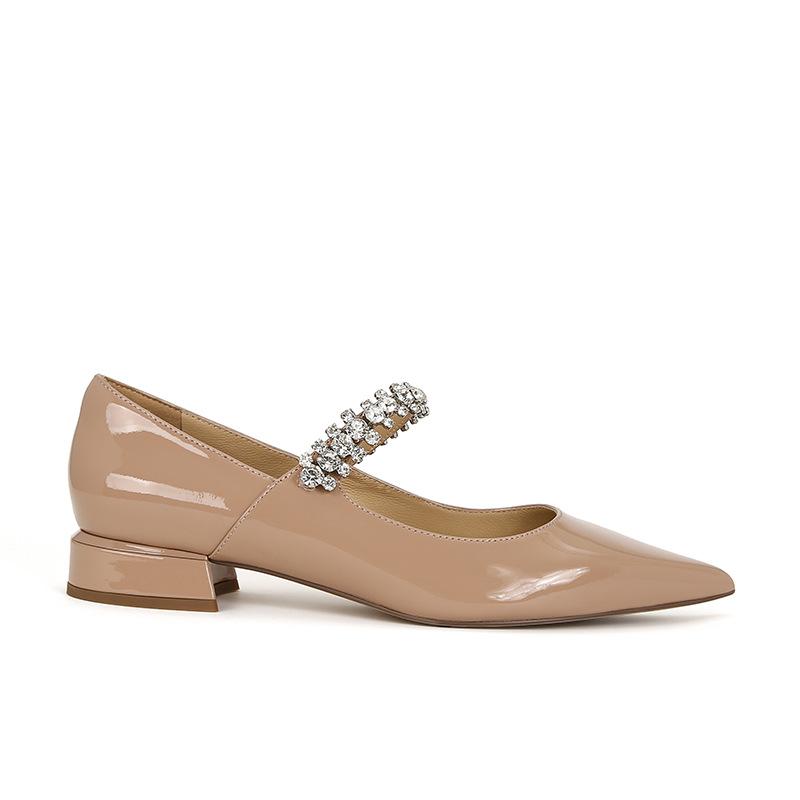 

[] Moonlight lady~ jc rhinestone chain pointed sheepskin thick heel Mary Jane single shoes women commuting 35 телесный