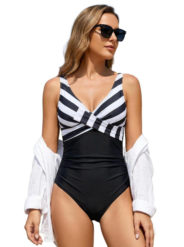 European & American Striped V-Neck Twist One-Piece Swimsuit for Women - High-Waisted, Slimming, Backless Beachwear