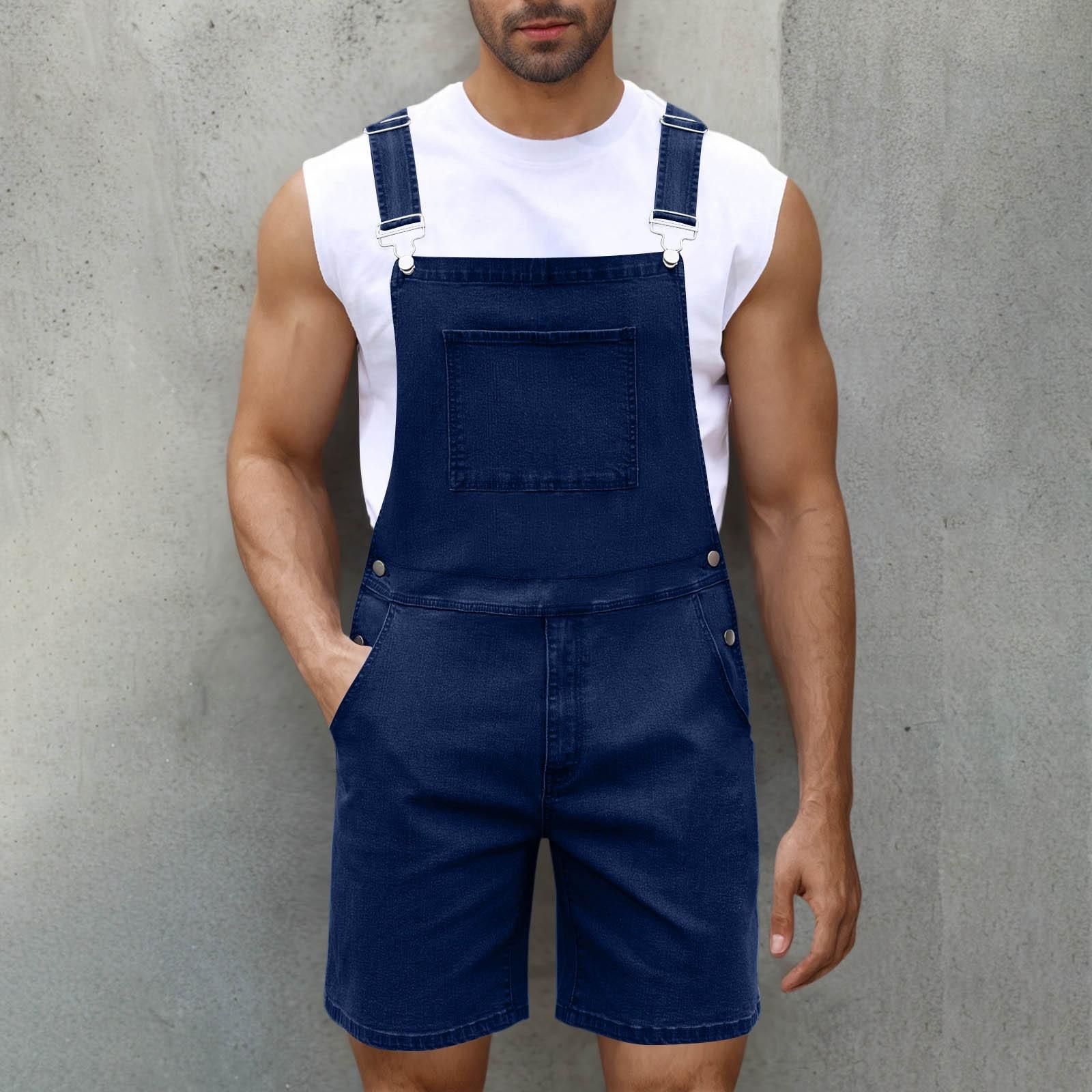 

Men s Fashion Solid V-Neck Button Pocket Wash Water Denim Adjustable Short Strap Jumpsuit XL Темно-синій