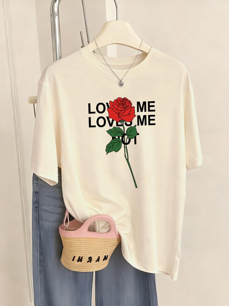 Loved Me Rose Flower Printed TShirts Women Casual ONeck Short Sleeve Tops Comfortable Loose T Shirt Summer Soft Womans Clothes