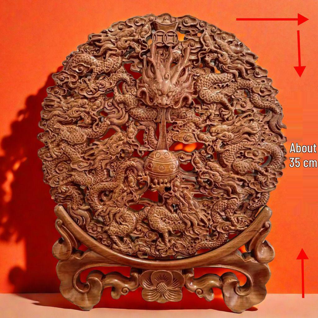 Nine Dragons Peach Wood Pendant: Hand-Carved Hanging Ornament for Home Entrance or Living Room Decor.