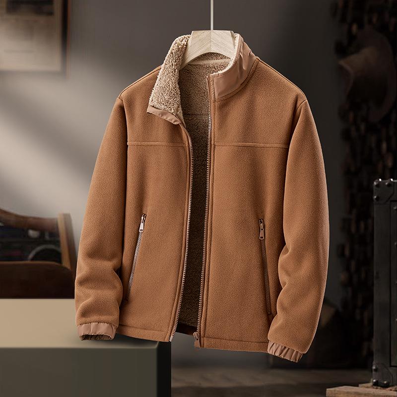 2025 Men's Stand Collar Fleece Jacket for Autumn/Winter - Solid Color, Extra Warmth, Ideal for Middle-aged and Elderly
