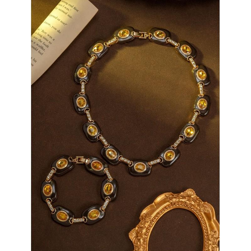 Ensemble émail brun vintage Style collier géométrique Chaîne de pull polyvalente