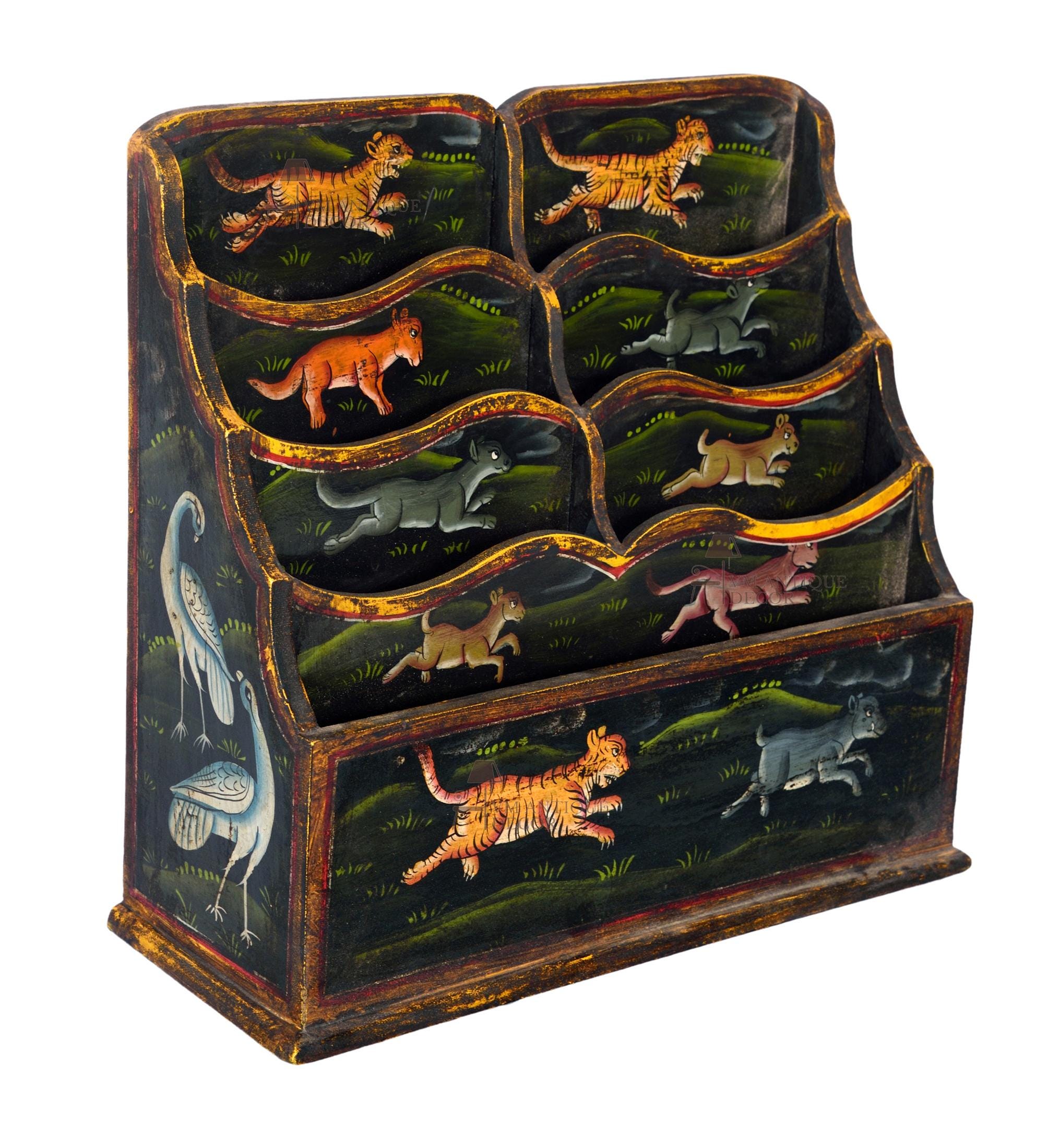 

Hand-Painted Wooden Desk Organizer Letter Box Stand Old Look Indian Wildlife Motif Storage Rack Tiger & Animal Artwork Wooden Letter Holder