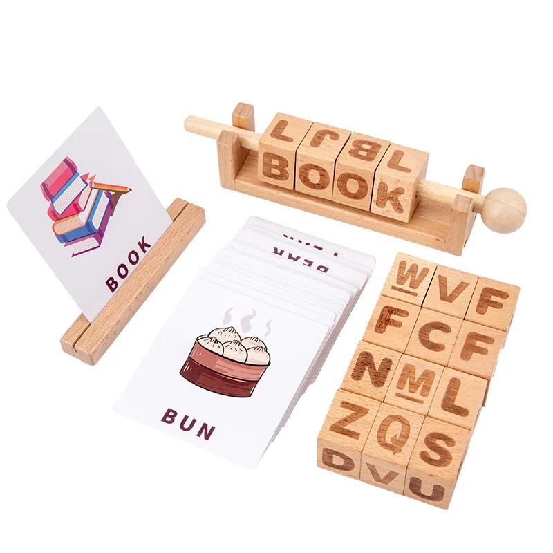 New Wooden Toy Learning Cognitive Game Spelling Words English Number Card Cube Building Block Toys Gifts For