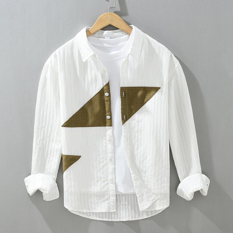 

Мужская весенняя хлопковая рубашка с длинным рукавом и дизайном в стиле колор-блок M белый