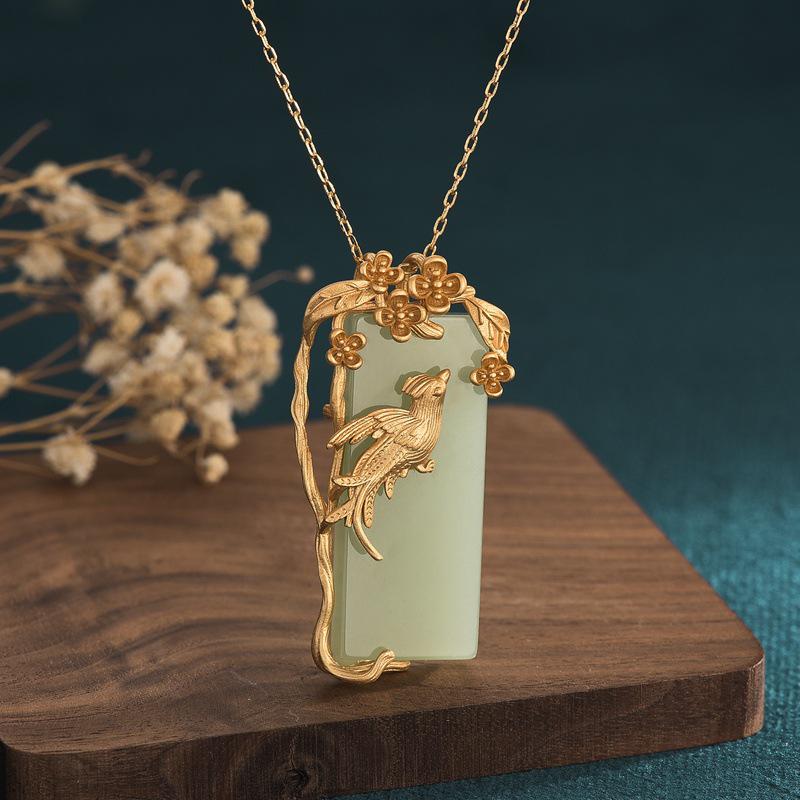 Chinese Court-Style Magpie & Flower Jade Pendant Necklace