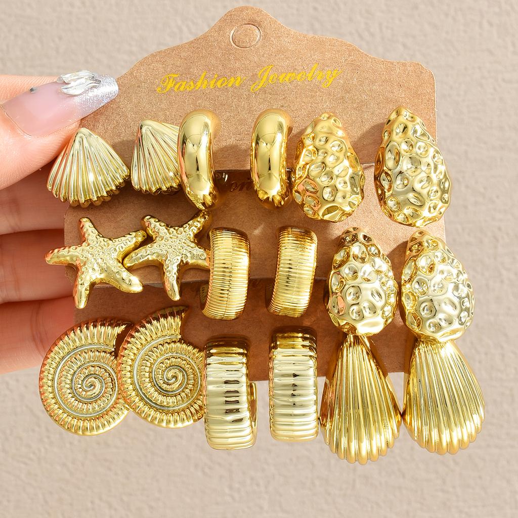 9 Pairs Gold Color Ocean Beach Earring Set For Women Starfish Shell Conch Seashell Chunky Textured Stud Earrings Summer Jewelry