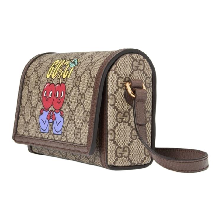 Gucci Cherry Print Logo Leather Trim Supreme Canvas Box Bag Men Shoulder Bag Brown 700733-U5TAG-8679