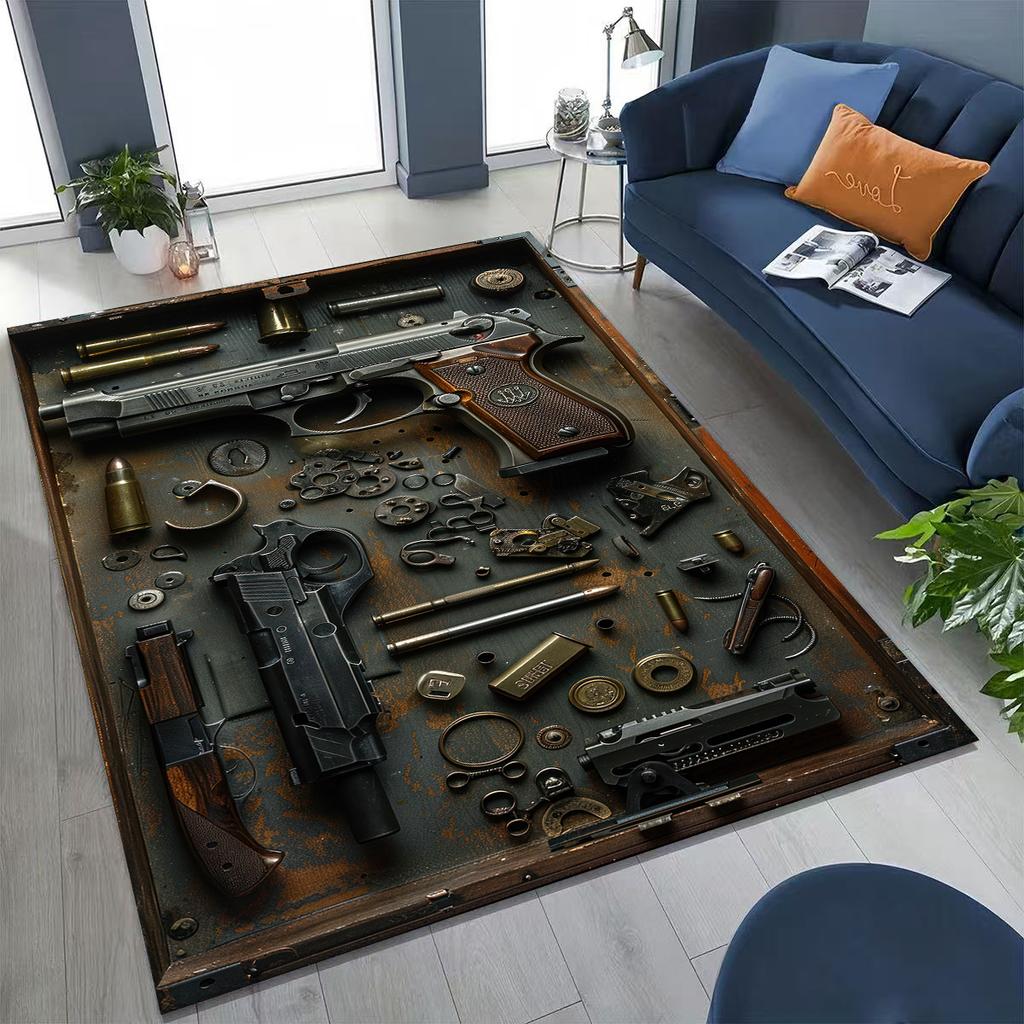 Holz Metall Waffenkoffer Boxx Militärausrüstung Moto Teppich für Schlafzimmer Wohnzimmer Sofa Zuhause Fußmatte Dekor, Kinder Spiel Rutschfeste Bodenmatte