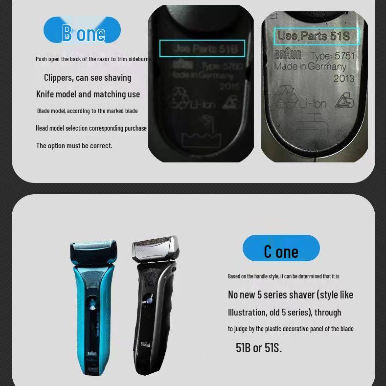 Compatible Braun 5 Series Shaver Head Accessories: 51B Head, 51S Blade, Foil Screen Cover Assembly.