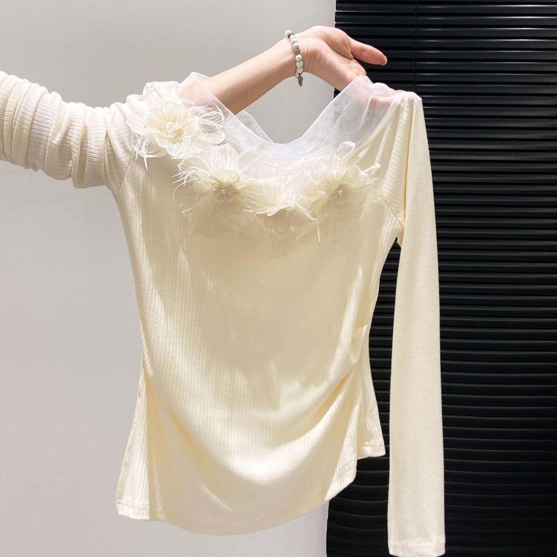 

Korean Style Floral Lace Off-Shoulder Long-Sleeve T-shirt for Women - Elegant Spring/Autumn Cropped Top Large абрикосовый