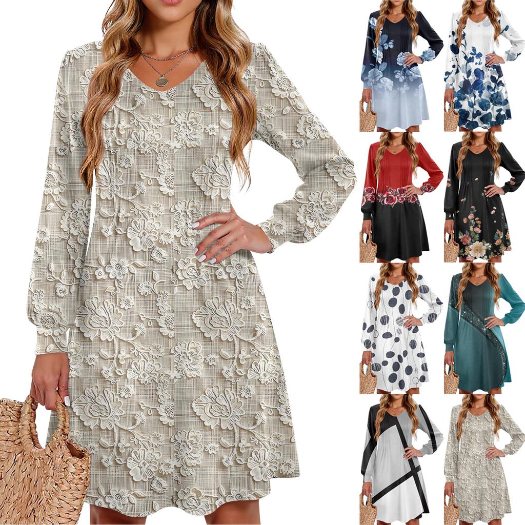 Ladies' Printed Casual And Fashionable V-neck Long Sleeved Mid Length Dress