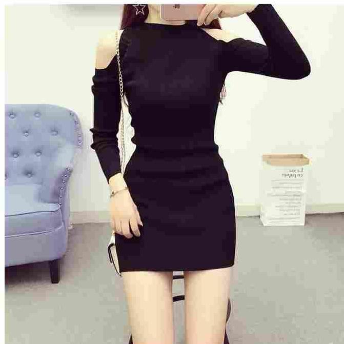 Winter Round Neck Hollow Out Shoulder Long Sleeved Knitted Dress for Women Mid To Long Length Sweater, Hip Hugging Bottom Skirt
