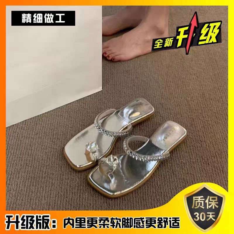 Spring and summer 2025 new rhinestone sandals outer wear women's shoes low heel square head cover toe fairy style with skirt sandals