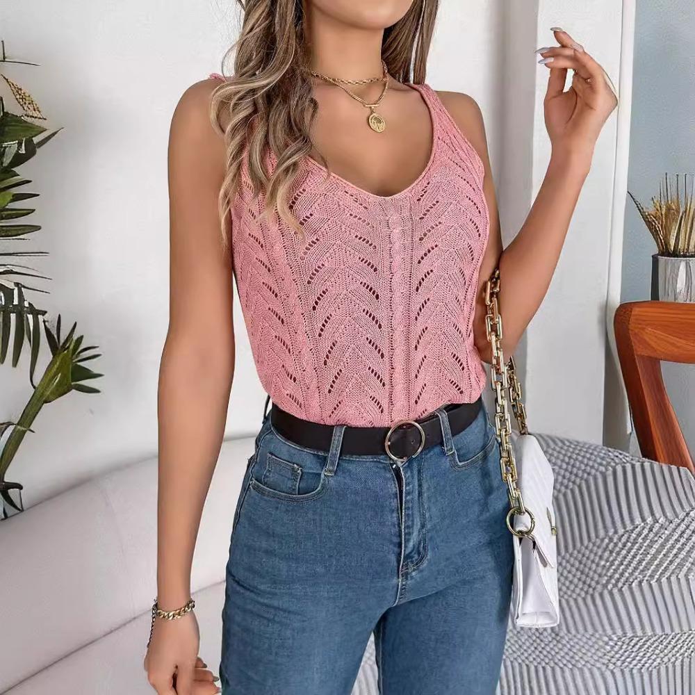 Solid Color V-neck Hollow Sleeveless Sweater Holiday Vest for Women