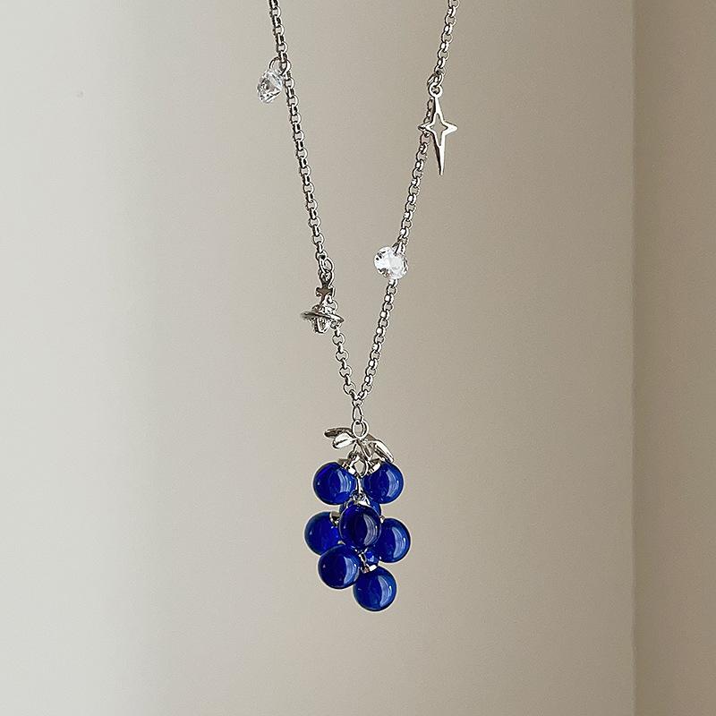 

Women Stylish Necklaces Silver Plated O Chain Choker Creative Candy Color Colored Glaze Grape Cluster Starburst Planet Pendant синій