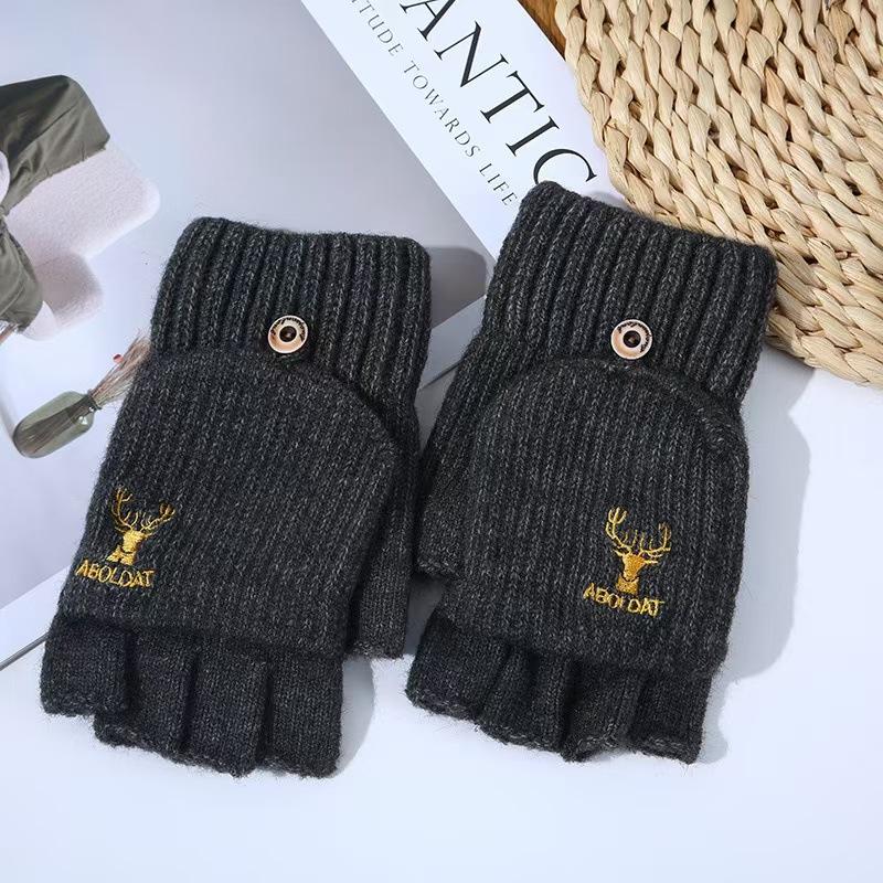 

Перчатки Flip Half Finger с вышивкой зимние утепленные теплые плюс бархатные утолщенные теплые шерстяные вязаные жаккардовые пара average size