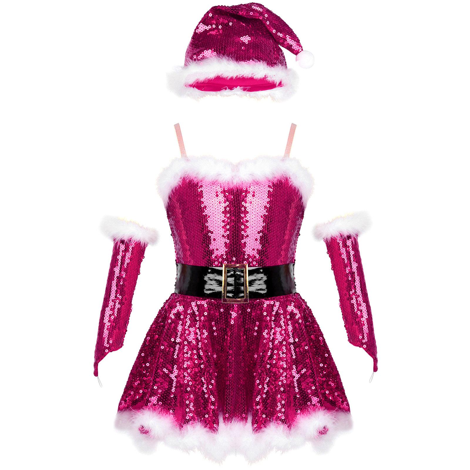 

Girls Christmas Santa Dance Costume Adjustable Spaghetti Straps Sequins Leotard Dress Hat Arm Sleeves 15-16 Years Яскраво-рожевий