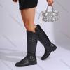 Comemore Women's High Boots Autumn New Black Belt Buckle Knight Boots for Woman Thick Heeled Knee High Bottes Femmes