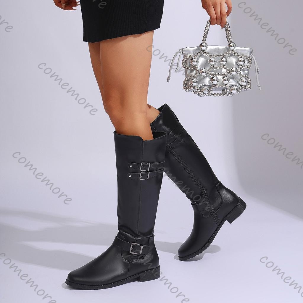 Comemore Women's High Boots Autumn New Black Belt Buckle Knight Boots for Woman Thick Heeled Knee High Bottes Femmes