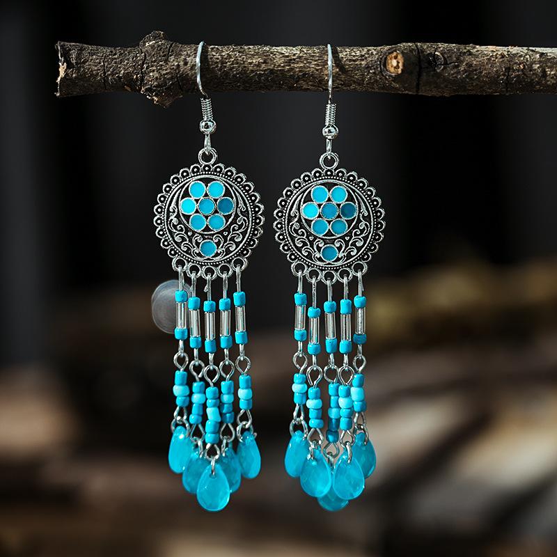 Bohemian Ethnisch Lang Blau Acryl Kristall Wassertropfen Ohrringe für Damen Retro Temperament Geometrisch Hängende Ohrringe Schmuck