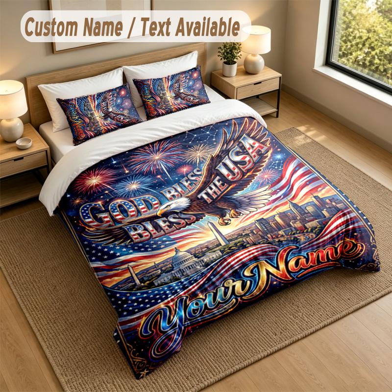 American Patriotic Theme Personalized 3Pcs Bedding Set Custom Text & Name 1 Sheet 2 Pillowcases Household Bedding 1pc