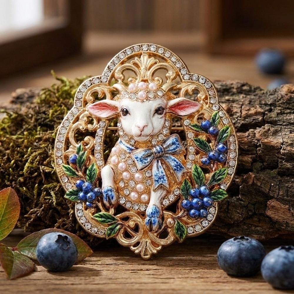 Enamel New Year Lapel Pin Rhinestone Badge Vintage Sheep Brooch Unisex