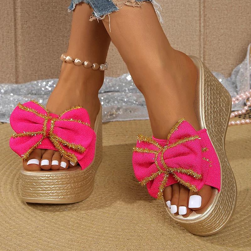 Fashion Bowknot Decor Chunky Platform Slippers Woman Plus Size Fashion Wedge Heel Sandals for Women Summer Thick Bottom Beach Slippers